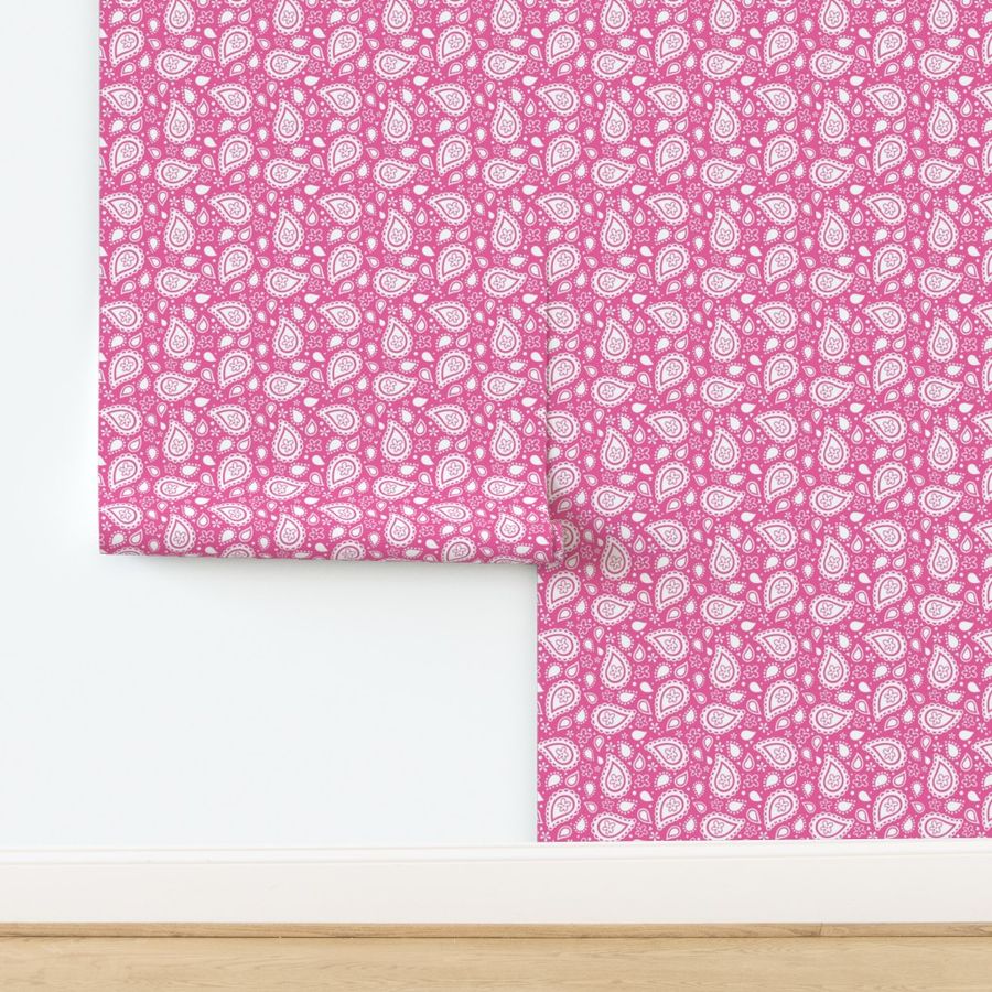 Medium Scale Playful Paisley Bandana White on Hot Pink