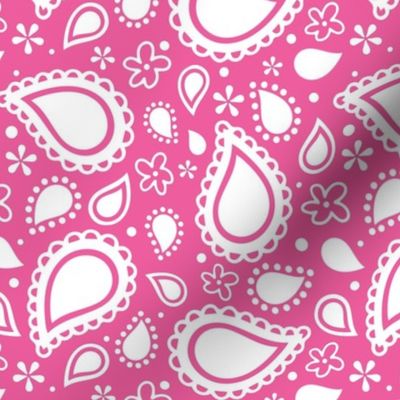 Medium Scale Playful Paisley Bandana White on Hot Pink