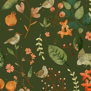 Secret garden & sleepy birds | large scale | dark green-grey background & peach orange