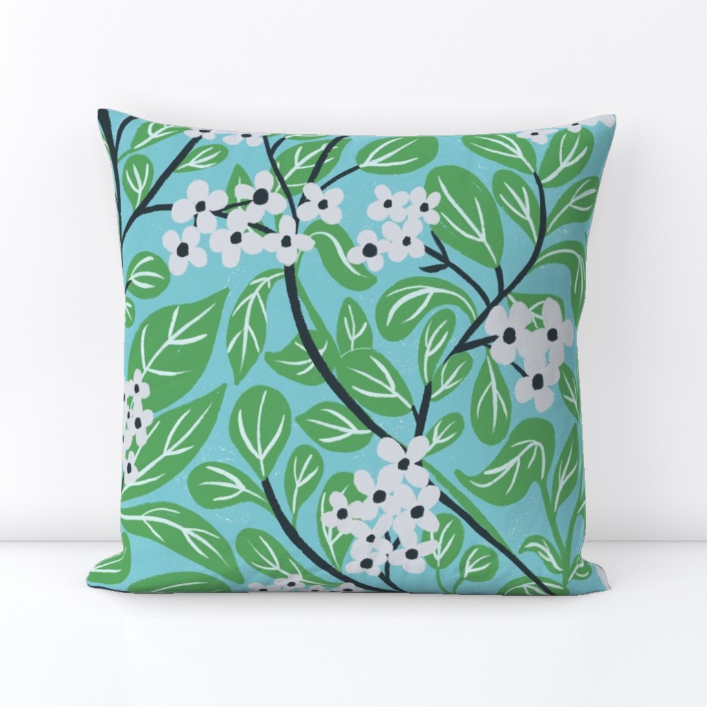Floral forsynthia flower botanical branches with small flowers blue teal _Large
