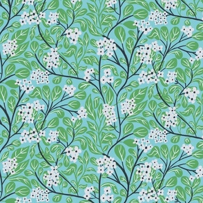 Floral forsynthia flower botanical branches with small flowers blue teal _Medium