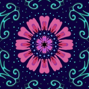 floristic futuristic electric  geometrical pink flowers -Blue aqua -  arge