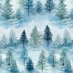 Winter Wilderness Whispers Rural Watercolor Landscape In Shades Of Blue Medium Scale