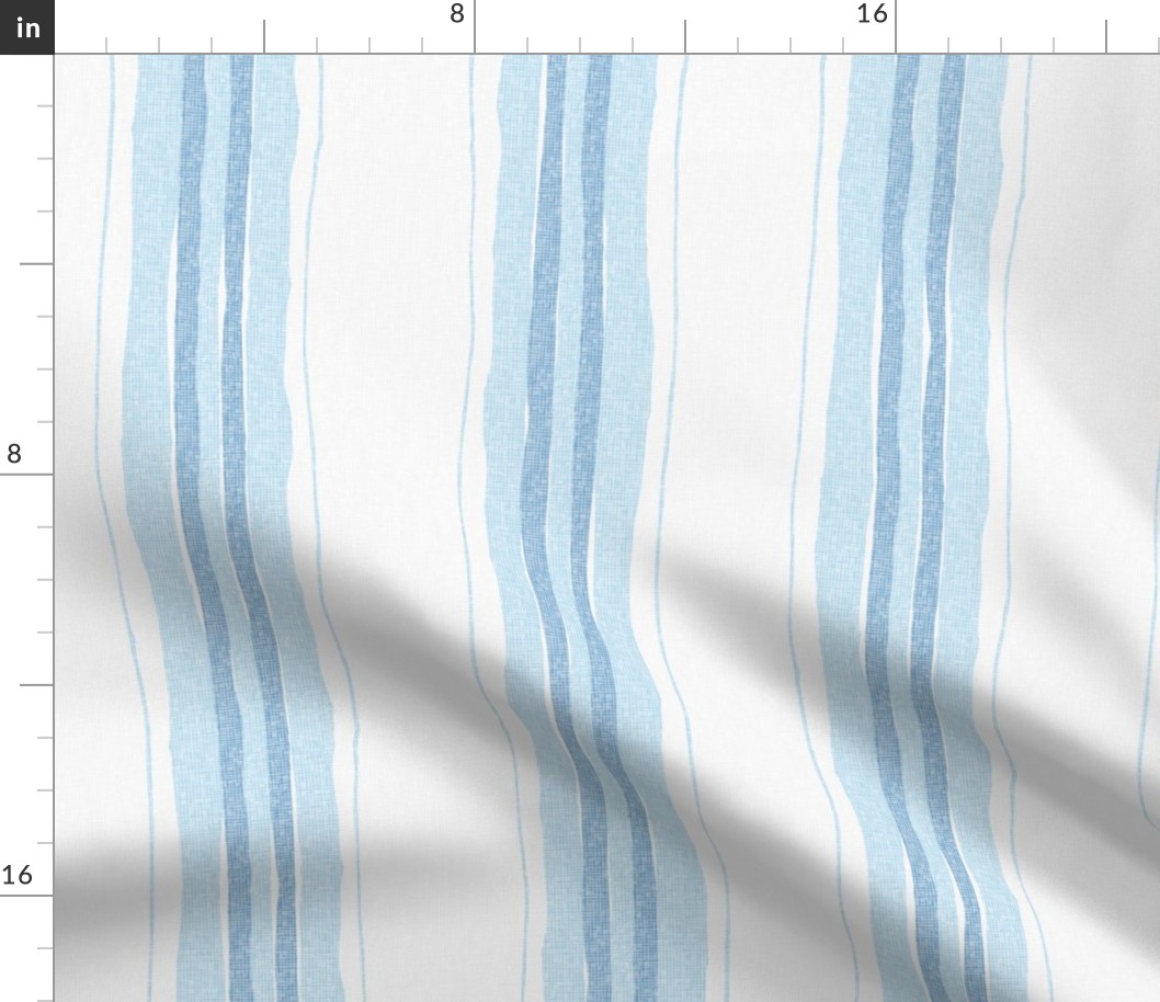 hand painted linen ticking stripe extra large wallpaper scale in ivory white cool blue by Pippa Shaw