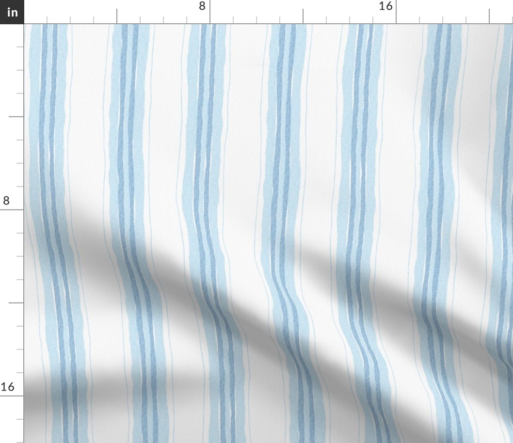 hand painted linen ticking stripe medium wallpaper scale in ivory white cool blue by Pippa Shaw