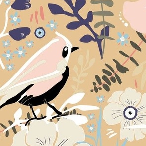 Birds And Flowers Pink Blue Cream On Caramel Ground Large Size