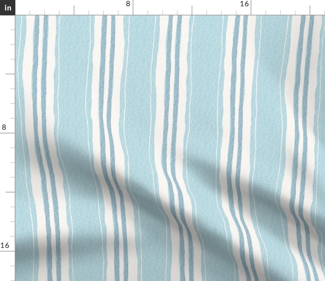 hand painted linen ticking stripe large wallpaper scale in warm washed linen duck egg blue neutral by Pippa Shaw