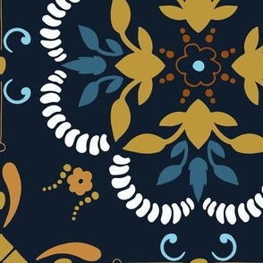 (XL) Greek sea blue ornament in light blue, cerulean blue, goldenrod yellow, white, bronze on dark blue