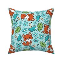 Large Scale Fox Friends Flowers and Mushrooms in Blue