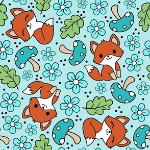 Large Scale Fox Friends Flowers and Mushrooms in Blue