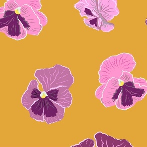 Large pansy purple and vintage pink flowers on bright mustard yellow