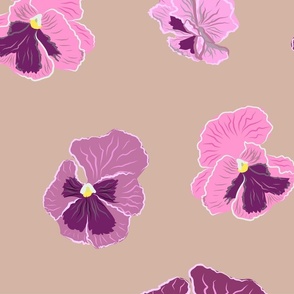 Large purple and vintage pink pansy flowers on tan brown