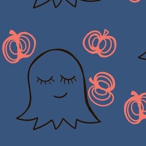 Halloween cute ghosts with pumpkins on navy blue