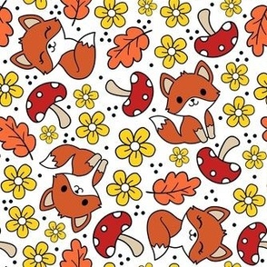 Medium Scale Fall Fox Friends Mushrooms and Flowers in Red Yellow Orange on White