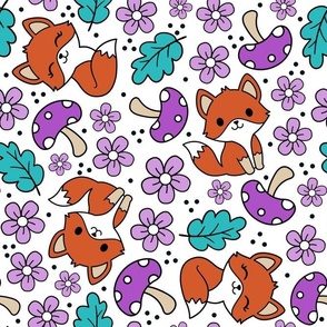 Large Scale Fox Friends Mushrooms and Flowers Purple on White