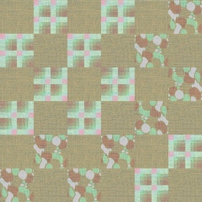 Warm and joyful abstract chequerboard with checks within checks and abstract shapes with burlap hessian texture sage green, light green, brown and dusty pink