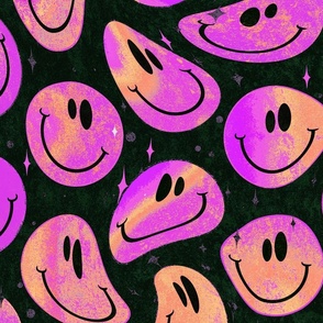 Trippy Twisted Passionfruit over Black Smiley Face - Purple and Orange Trippy Smiley Face - Bold Purple and Orange Psychedelic Trippy Smiley Face - SmileBlob - xxtsf229b - 67.91in x 56.49in repeat - 150dpi (Full Scale)