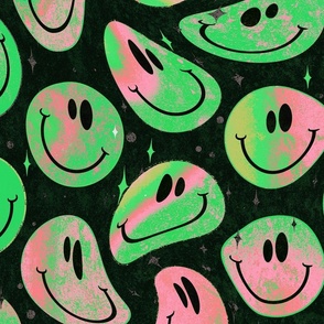 Trippy Twisted Watermelon Pink and Green over Black Smiley Face - Pastel Pink and Green Smiley Face - Light Pink and Green Psychedelic Trippy Smiley Face - SmileBlob - xxtsf230b - 67.91in x 56.49in repeat - 150dpi (Full Scale)
