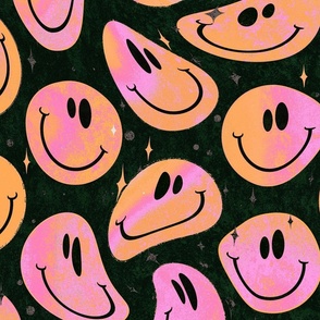 Trippy Bleached Pink and Orange over Black Smiley Face - Pastel Pink and Orange Trippy Smiley Face - Light Pink and Orange Psychedelic Trippy Smiley Face - SmileBlob - xxtsf232b - 67.91in x 56.49in repeat - 150dpi (Full Scale)