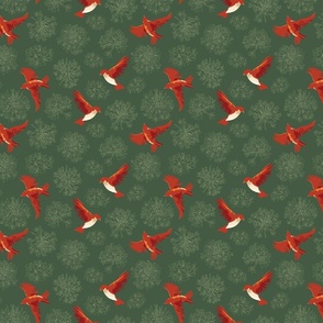 Red birds and flowers - forest green
