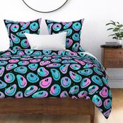 Trippy Bleached Pink and Blue over Black Smiley Face - Pastel Pink and Blue Trippy Smiley Face - Light Pink and Blue Psychedelic Trippy Smiley Face - SmileBlob -  xxtsf234b - 67.91in x 56.49in repeat - 150dpi (Full Scale)