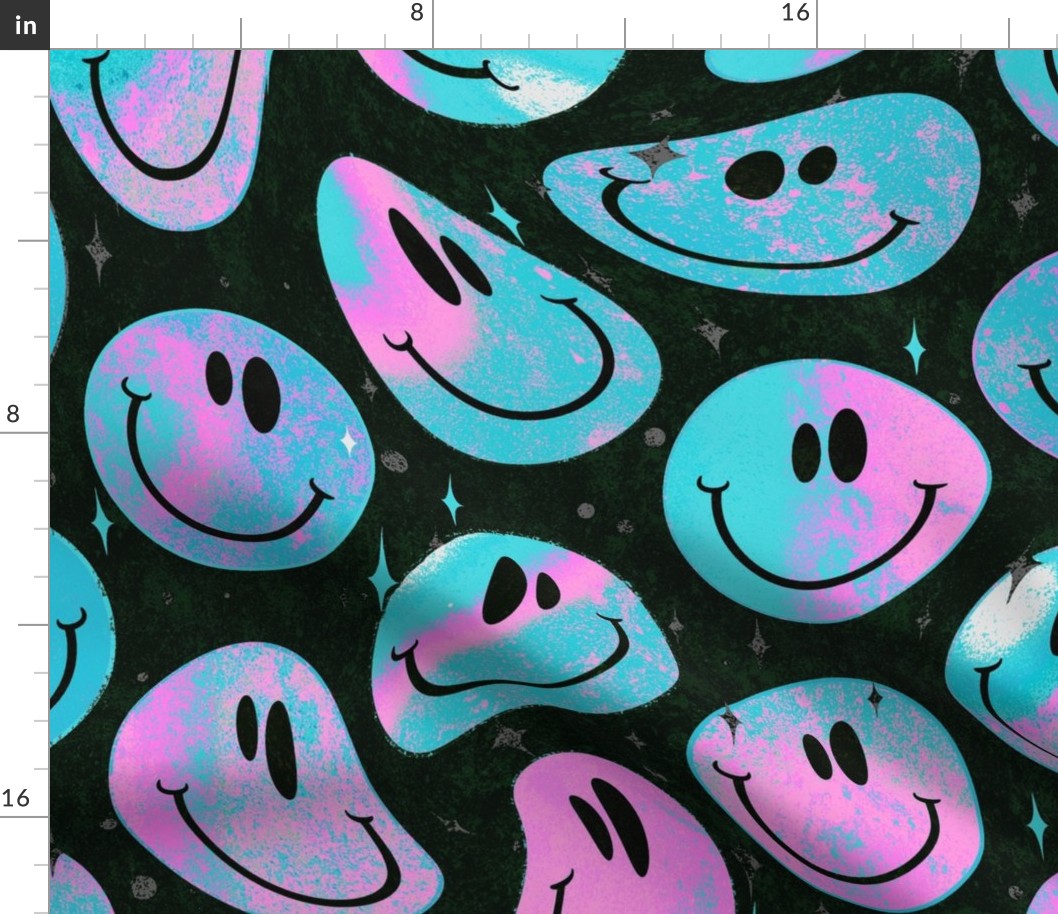Trippy Bleached Pink and Blue over Black Smiley Face - Pastel Pink and Blue Trippy Smiley Face - Light Pink and Blue Psychedelic Trippy Smiley Face - SmileBlob -  xxtsf234b - 67.91in x 56.49in repeat - 150dpi (Full Scale)
