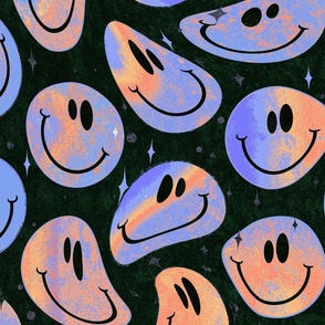 Trippy Bleached Orange and Blue over Black Smiley Face - Pastel Orange and Blue Trippy Smiley Face - Light Orange and Blue Psychedelic Trippy Smiley Face - SmileBlob - xxtsf235b - 67.91in x 56.49in repeat - 150dpi (Full Scale)