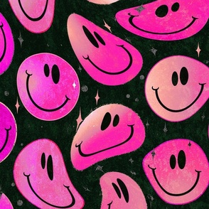 Trippy Flamingo Fuchsia over Black Smiley Face - Bright Flamingo Pink Smiley Face - Bright Fuschia Pink over Black - Psychedelic Trippy Smiley Face - SmileBlob - xxtsf301b - 67.91in x 56.49in repeat - 150dpi (Full Scale)