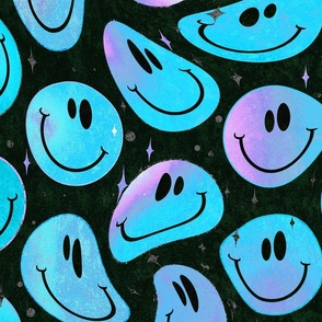 Trippy Bold Glacier Blue over Black Smiley Face - Bright Blue Smiley Face - Bright Blue over Black - Psychedelic Trippy Smiley Face - SmileBlob - xxtsf302b - 67.91in x 56.49in repeat - 150dpi (Full Scale)