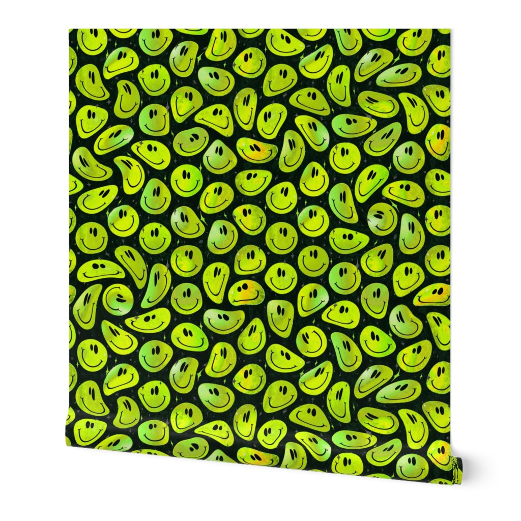 Trippy Bold Lemon Lime over Black Smiley Face - Bright Green Yellow Smiley Face - Bright Green Yellow over Black - Psychedelic Trippy Smiley Face - SmileBlob - xxtsf409b - 67.91in x 56.49in repeat - 150dpi (Full Scale)