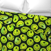Trippy Bold Lemon Lime over Black Smiley Face - Bright Green Yellow Smiley Face - Bright Green Yellow over Black - Psychedelic Trippy Smiley Face - SmileBlob - xxtsf409b - 67.91in x 56.49in repeat - 150dpi (Full Scale)