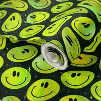 Trippy Bold Lemon Lime over Black Smiley Face - Bright Green Yellow Smiley Face - Bright Green Yellow over Black - Psychedelic Trippy Smiley Face - SmileBlob - xxtsf409b - 67.91in x 56.49in repeat - 150dpi (Full Scale)