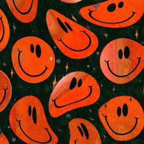 Trippy Giraffe Spot Orange over Black Smiley Face - Bold Orange Smiley Face - Bold Orange over Black - Psychedelic Trippy Smiley Face - SmileBlob - xxtsf410b - 67.91in x 56.49in repeat - 150dpi (Full Scale)