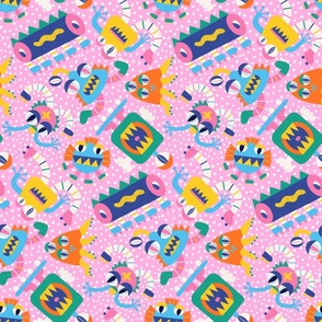 Funky Monsters on Roller Skates - pink background  - middle scale, 18 inch