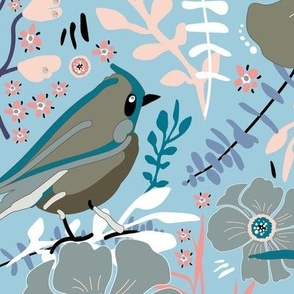 Birds Pink Sage Floral Blooms And Leaves On Blue Ground Large Scale