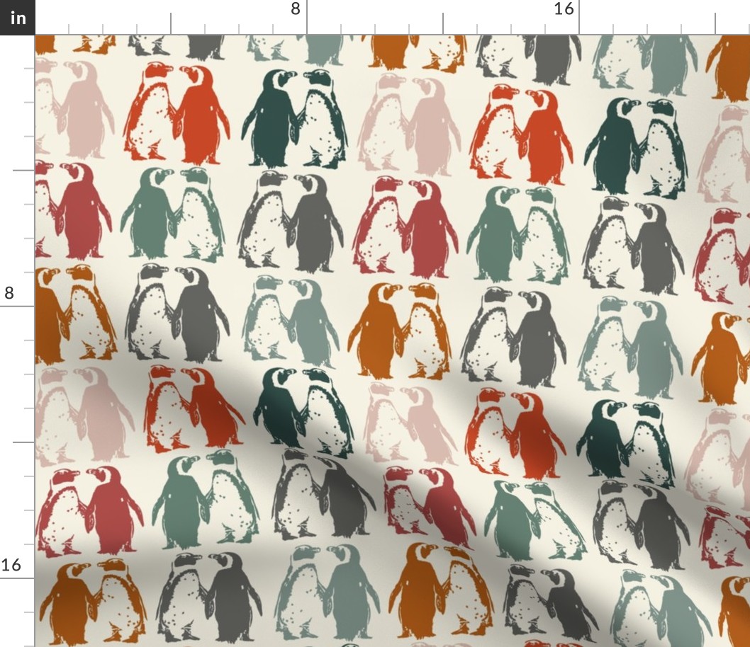 Block Printed Penguins in Earth Tones