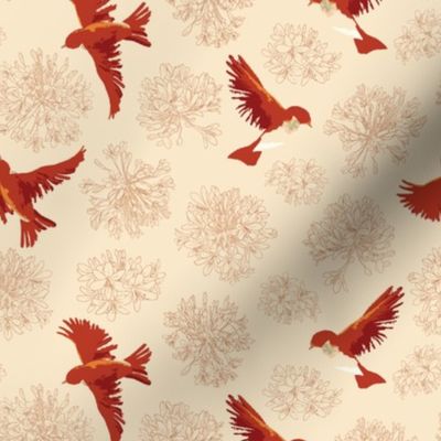 Red birds and flowers - beige