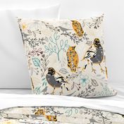 Robin Mama and Baby Birds Gray Orange-Gold And Teal On Vanilla Ground Large Size