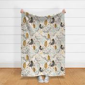 Robin Mama and Baby Birds Gray Orange-Gold And Teal On Vanilla Ground Large Size