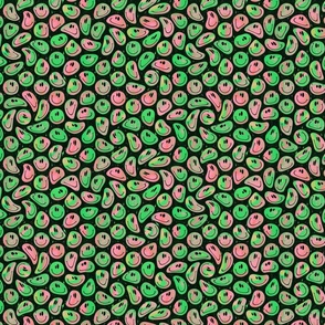 Trippy Twisted Watermelon Pink and Green over Black Smiley Face - Pastel Pink and Green Smiley Face - Light Pink and Green Psychedelic Trippy Smiley Face - SmileBlob - xxtsf230b - 10.19in x 8.47in repeat - 1000dpi (15% of Full Scale)