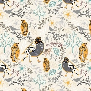 Robin Mama and Baby Birds Gray Orange-Gold And Teal On Vanilla Ground Small Size
