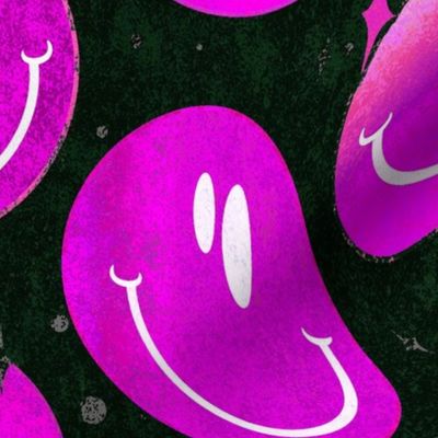 Trippy Bold Magenta Pink over Black Smiley Face - Bright Magenta Pink Smiley Face - Bright Magenta Pink over Black - Psychedelic Trippy Smiley Face - SmileBlob - xxtsf411b - 67.91in x 56.49in repeat - 150dpi (Full Scale)