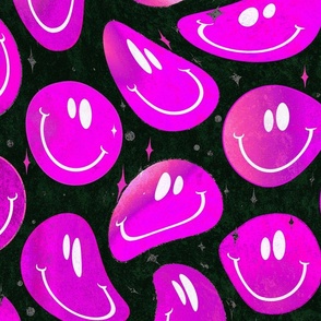 Trippy Bold Magenta Pink over Black Smiley Face - Bright Magenta Pink Smiley Face - Bright Magenta Pink over Black - Psychedelic Trippy Smiley Face - SmileBlob - xxtsf411b - 67.91in x 56.49in repeat - 150dpi (Full Scale)