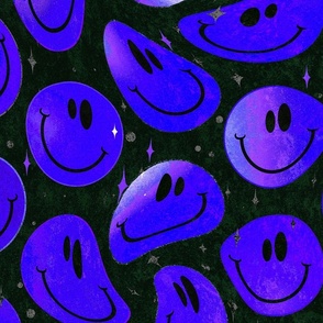 Trippy Bold Blue over Black Smiley Face - Bright Blue Smiley Face - Bold Blue over Black with Black Smiles - Psychedelic Trippy Smiley Face - SmileBlob - xxtsf518b - 67.91in x 56.49in repeat - 150dpi (Full Scale)