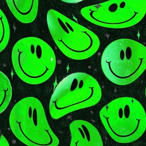 Trippy Bold Lime Green over Black Smiley Face - Bright Green Smiley Face - Bright Green over Black - Psychedelic Trippy Smiley Face - SmileBlob - xxtsf414b - 67.91in x 56.49in repeat - 150dpi (Full Scale)