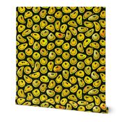 Trippy Bold Banana Yellow over Black Smiley Face - Bright Yellow Smiley Face - Bright Yellow over Black - Psychedelic Trippy Smiley Face - SmileBlob - xxtsf415b - 67.91in x 56.49in repeat - 150dpi (Full Scale)