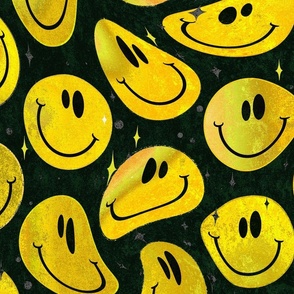 Trippy Bold Banana Yellow over Black Smiley Face - Bright Yellow Smiley Face - Bright Yellow over Black - Psychedelic Trippy Smiley Face - SmileBlob - xxtsf415b - 67.91in x 56.49in repeat - 150dpi (Full Scale)