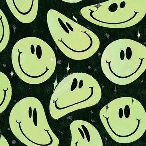 Trippy Boho Green over Black Smiley Face - Boho Mint Green Smiley Face - Pale Green Trippy Smiley Face - SmileBlob - xxtsf504b - 67.91in x 56.49in repeat - 150dpi (Full Scale)