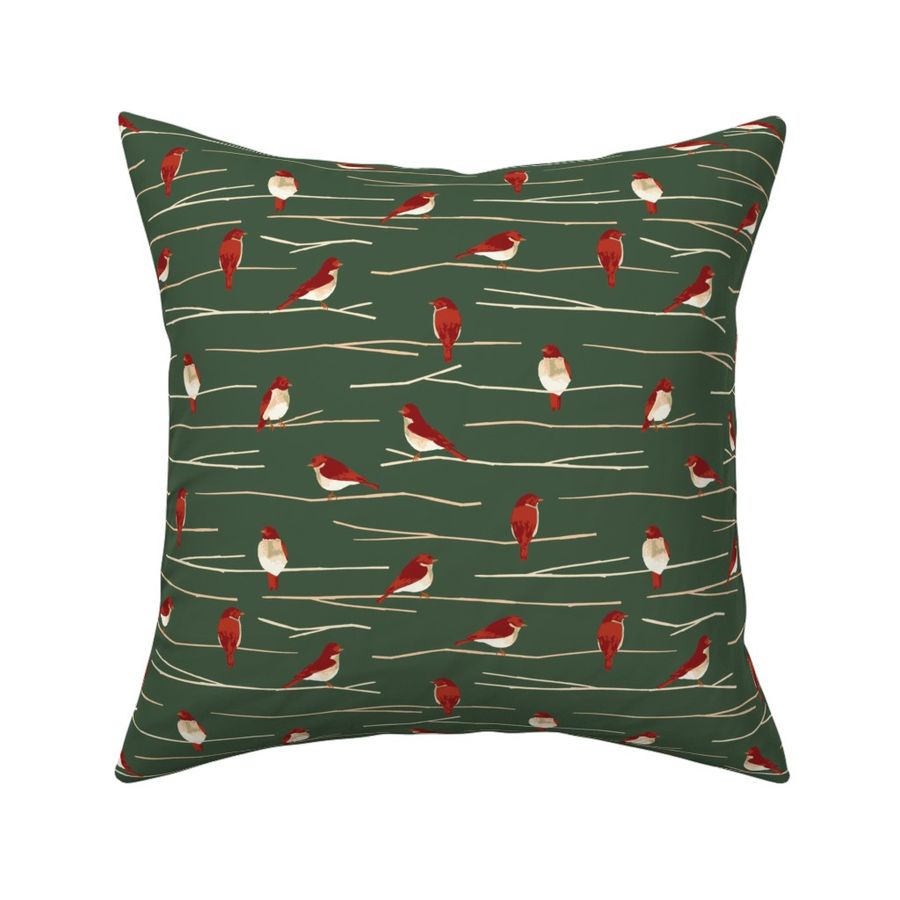 Red Birds and Twigs - Forest Green