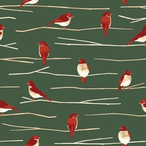 Red birds and twigs - forest green